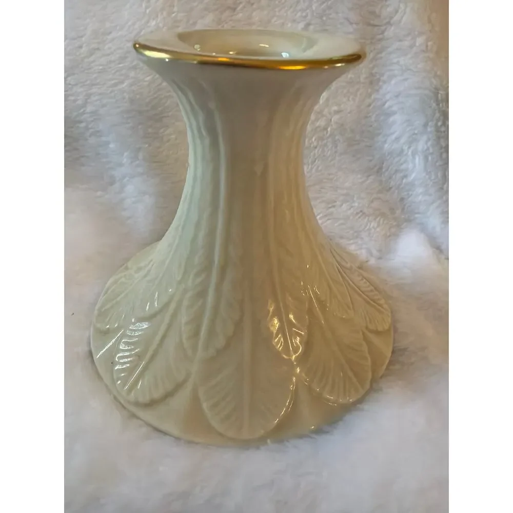 Pair Lenox Cream Gold Trim Feather Candle Holders Candlesticks Made USA 4.25